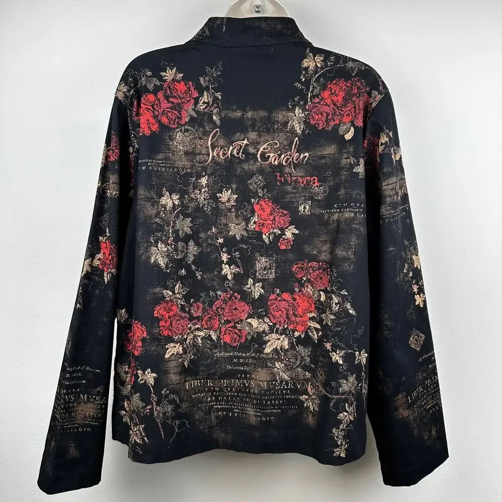 VTG Cactus Jacket Blazer Full Zip Secret Garden Floral Rinestones Black L Artsy - Picture 7 of 13